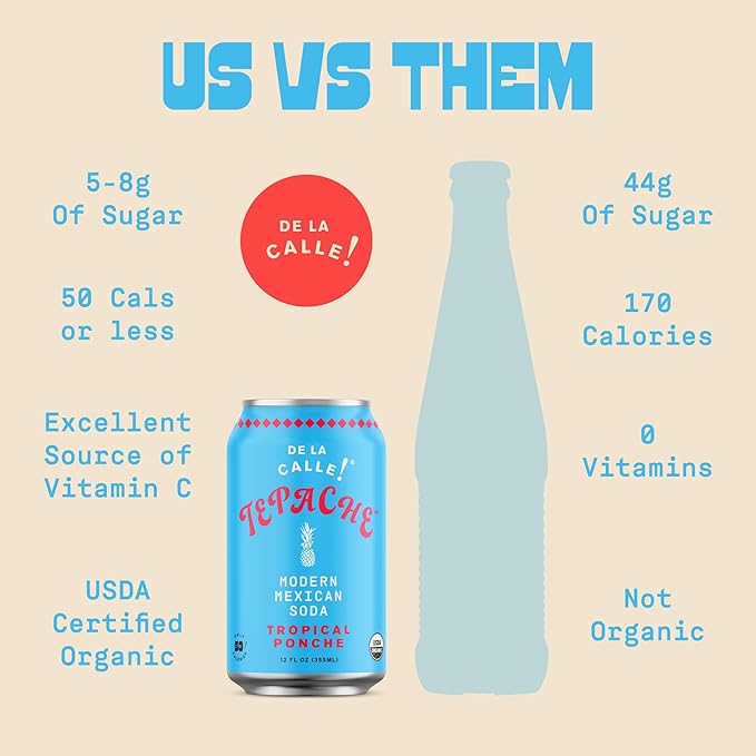 De La Calle Tepache - Tropical Ponche - Modern Mexican Soda - Craft Fermented Pineapple Sparkling Beverage - Certified Organic Antioxidant Rich Non-Alcoholic Healthy Soda Low Sugar Low Calorie N