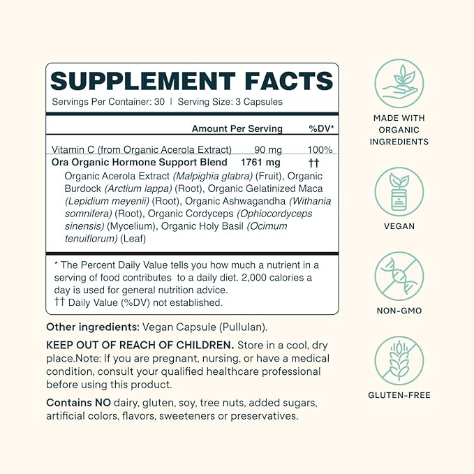 Ora Organic Natural Hormone Balance Supplement &amp Hormonal Acne Relief for Women - Support Skin Mood Energy PMS &amp Menopause - Ashwagandha Maca Burdock Root Cordyceps &amp VIT C - 90 Caps