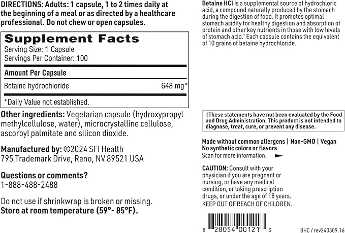 Klaire Labs SFI Health Betaine HCl 648mg - Hypoallergenic Betaine Supplement to Support Digestion &amp Nutrient Absorption - Gluten-Free Corn-Free (100 Capsules)