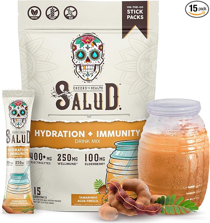Salud 2-in-1 Hydration Packets + Immunity Electrolytes Powder Tamarindo - Agua Fresca Drink Mix Elderberry Dairy &amp Soy Free Non-GMO Gluten Free Vegan Low Calorie 1g Sugar (15 Servings)