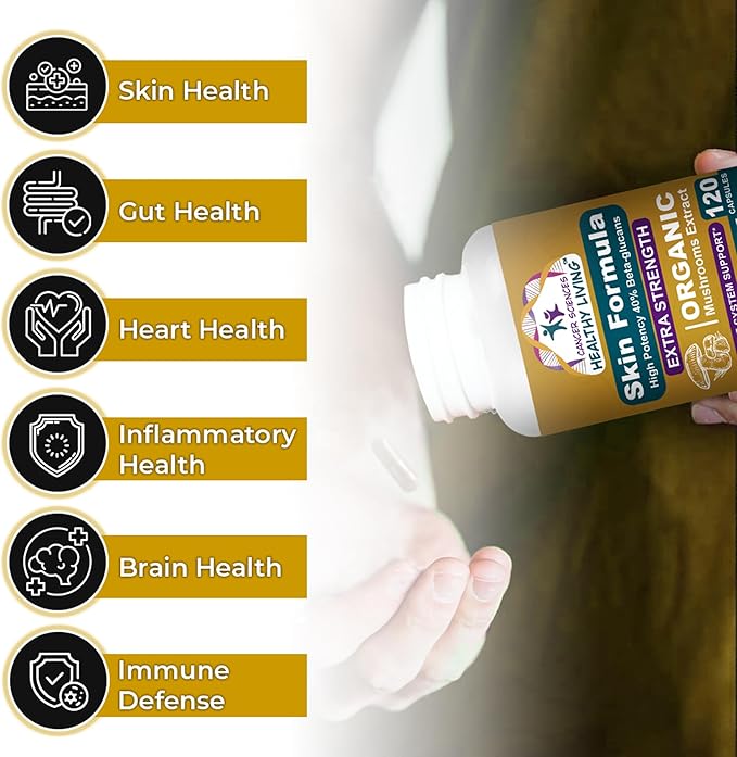 Cancer Sciences Skin Wellness Supplement USDA Certified Organic Extract Mushrooms Supplement Extra Strength 1500 mg High Potency 40% Beta-Glucans Immune Support Glowing Complexion 120 Capsules