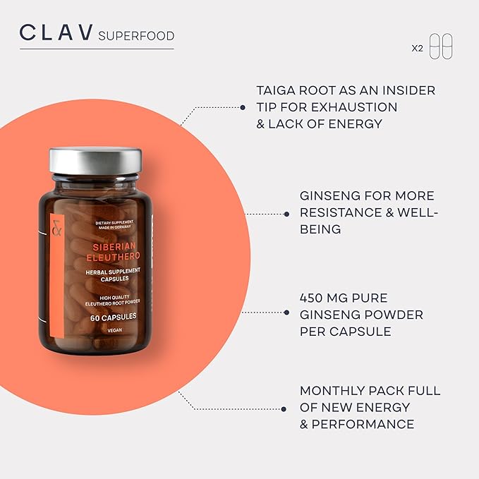 CLAV® Siberian Ginseng - 900mg Eleuthero Root Powder - Energy Supplement - Reduction of Tiredness &amp Fatigue - 60 Ginseng Capsules - Made in Germany