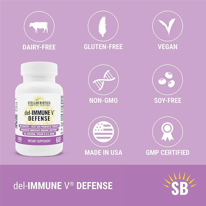 Del-Immune V® Defense by Stellar Biotics All-Natural Immune Support &amp Gut Health (+) Immediate Care Metabiotic: NextGen Probiotic Therapy (60 Caps)