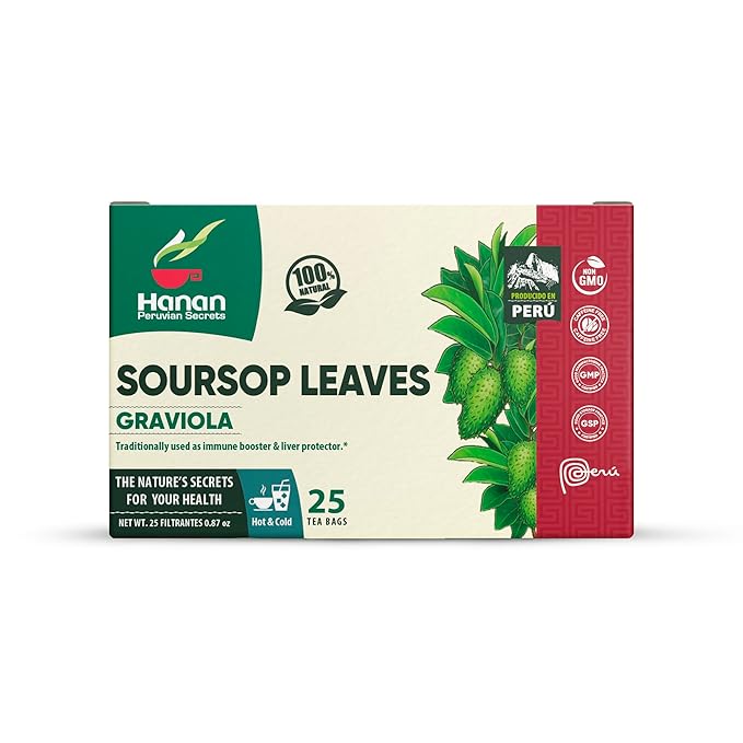 Hanan Peruvian Secrets Hojas De Guanabana-Graviola Herbal Tea | 100% Natural Soursop Leaves | 25 Tea Bags | Naturally Aids in Supporting the Liver and Immune System- 6 Pack