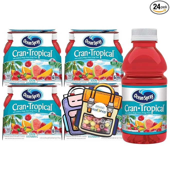 Ocean Spray Cran Tropical Fruit Juice Drink 10 fl oz Plastic Bottles 24 Pack + 2 Reusable Snack Bags by KOOL8SHOP Infinite Deals