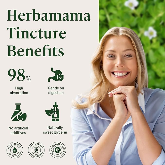 HERBAMAMA Bacopa Monnieri Supplement - Vegan Brain Focus and Clarity Support with Bacopa Extract Tincture - Non-GMO Alcohol &amp Sugar-Free Brahmi Herb Drops 168-Day Supply