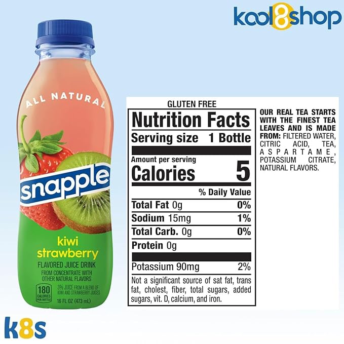 Snapple Kiwi Strawberry All Natural Fruit Juice 16 fl oz Plastic Bottles 16 Pack + 15 Sugarcane Disposable Straws by KOOL8SHOP Infinite Deals