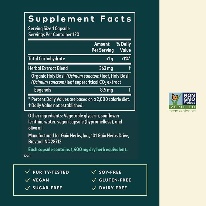 Gaia Herbs Holy Basil Leaf - Traditionally Used to Support Stress Response - Adaptogenic Ayurvedic Herb* - 120 Vegan Liquid Phyto-Caps (60 Servings)