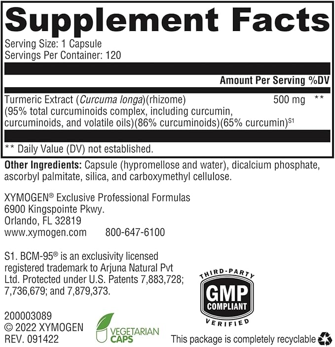 XYMOGEN CurcuPlex-95 - Turmeric Curcumin Supplement for Daily Brain Support* - Enhanced Bioavailability - Non-GMO Gluten-Free Vegan - 120 Capsules
