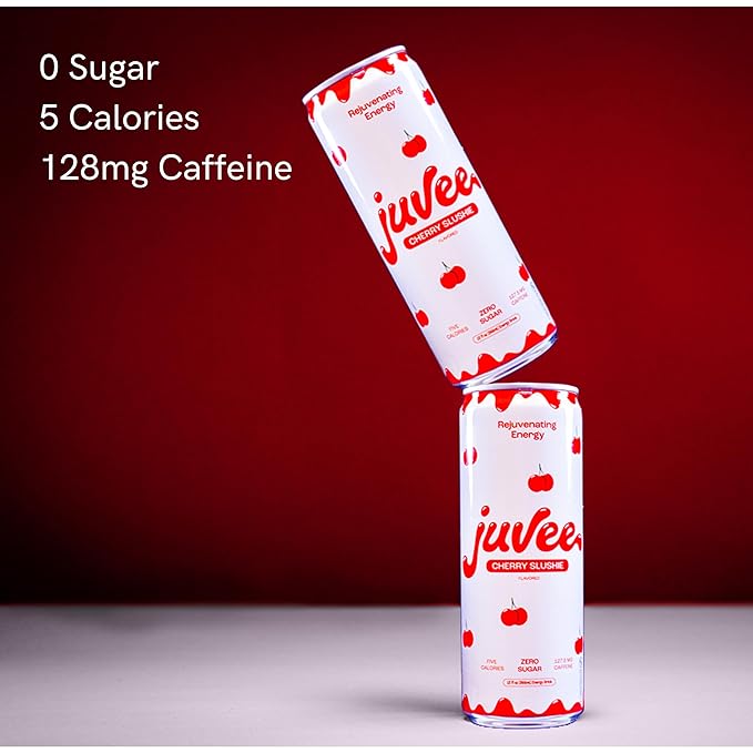 Juvee Rejuvenating Energy Drink – Sugar Free Cherry Slushie Flavor 12 oz Cans (12-Pack) – 128mg Natural Caffeine Zero Sugar Low Calorie Clean Energy &amp Focus Booster for Daily Use