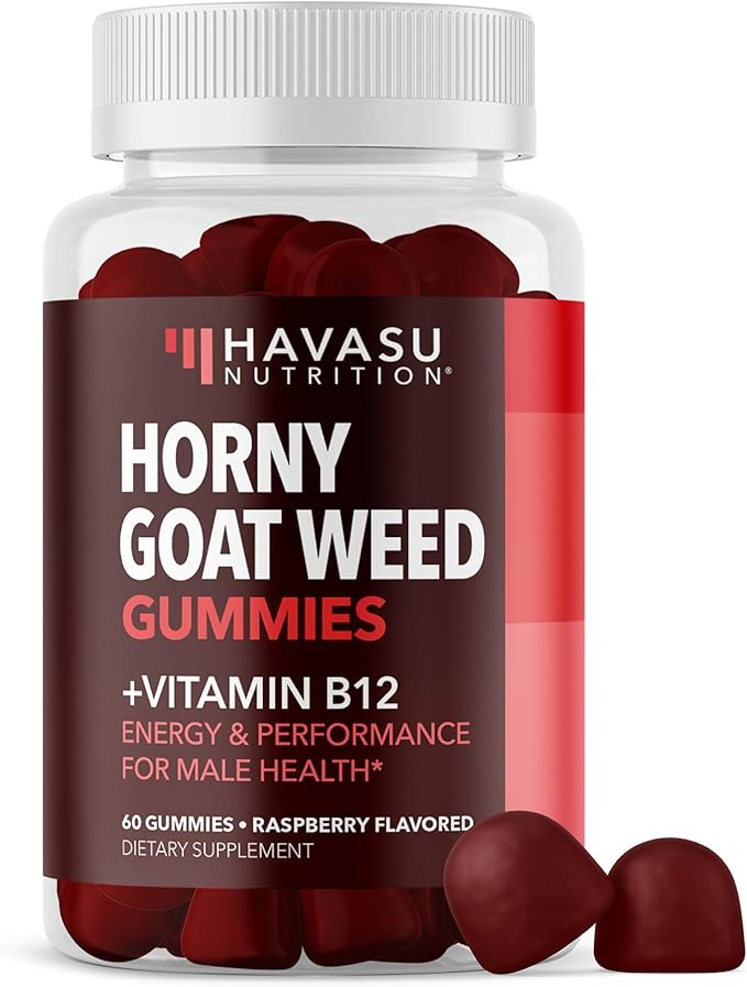 Horny Goat Weed Gummies with Vitamin B12 - Energy Endurance &amp Performance Support for Male Health - 60 Count - Vegetarian-Friendly Non-GMO Pectin-Based - Raspberry Flavor 1 Month Supply