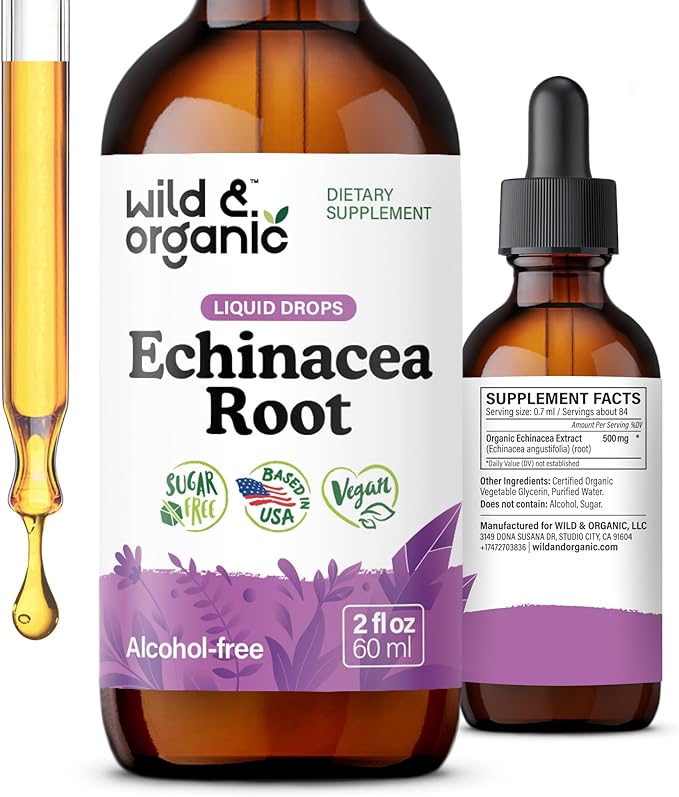 Wild &amp Organic Echinacea Tincture - Immune Support Drops with Liquid Echinacea Root Extract - Angustifolia Supplements - Vegan Sugar &amp Alcohol-Free - 2 fl oz