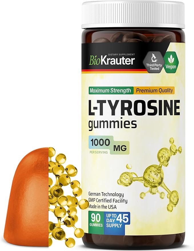BIO KRAUTER® L Tyrosine for Mood and Cognitive Support - Supplements for Focus &amp Performance Support - L-tyrosine 1000 mg 90 Mood Gummies 45-Day Supply - Non-GMO Mango Flavor