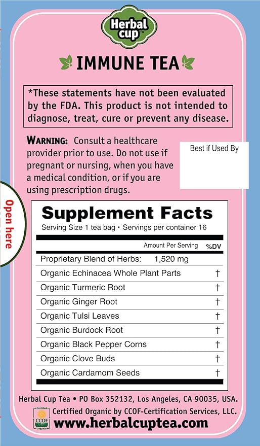 Herbal Cup Ayurveda Immune Tea Organic Echinacea Booster No Caffeine Herbal Teas (Immune Echinacea 16 Count (Pack of 6))