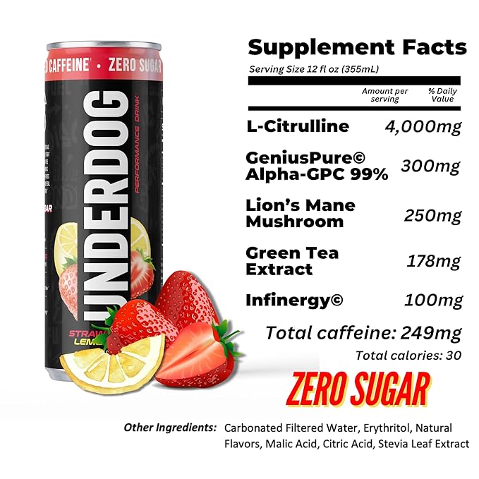 Underdog Performance Energy Drink Strawberry Lemonade Nootropics Green Tea Extract Citrulline Clean Sugar Free Fast &amp Slow Release 249mg Caffeine per Serving No Artificial Additives 12 Pac