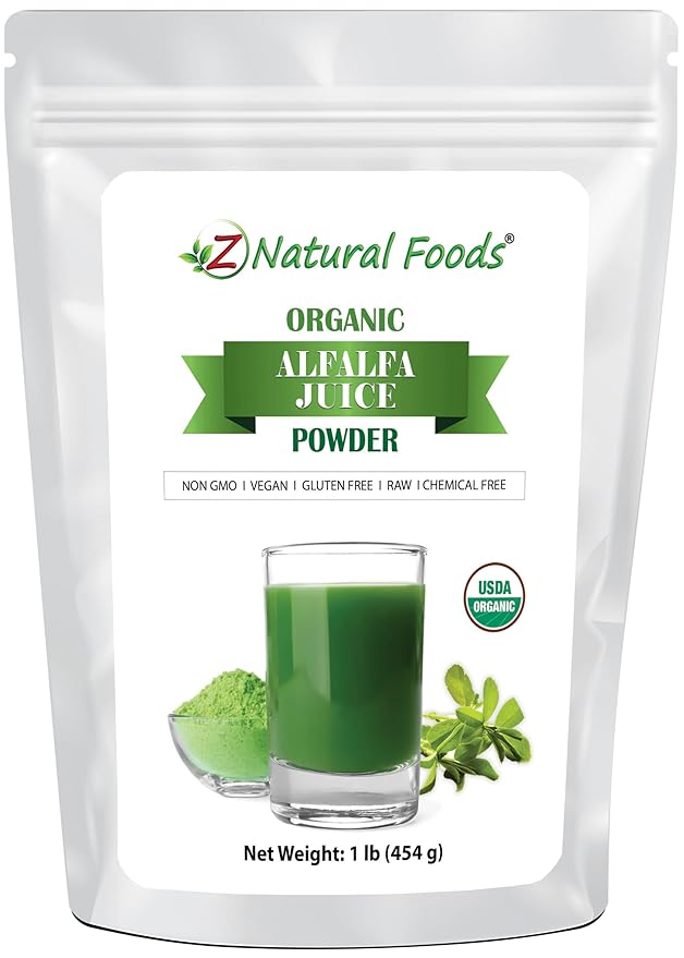 Z Natural Foods Organic Alfalfa Juice Powder Green Grass Superfood Powder Mix in Smoothies Drinks Recipes - Raw All Natural Non GMO Vegan Gluten Free - 1 lb
