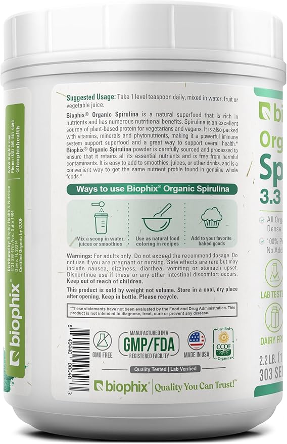 biophix Organic Spirulina Powder 2.2 Lbs 100% Pure Spirulina Blue Green Algae Powder Vegan Non GMO Non-Irradiated USDA Certified Best Protein Superfood