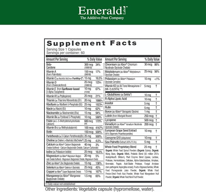 EMERALD LABS Men's 45+ 1-Daily Multi - Made with Saw Palmetto Lycopene &amp More for Heart Bone &amp Immune Support* - Gluten-Free - 60 Vegetable Capsules