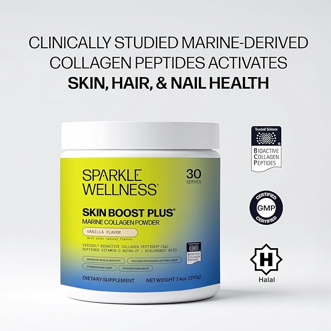Sparkle Wellness Marine-derived VERISOL Bioactive Hydrolyzed Collagen Peptides | Collagen Powder Supplement with Vitamin C &amp Hyaluronic Acid | Marine Skin Boost Plus (Vanilla) [30-Serves]