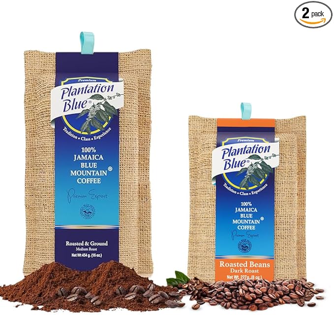 Plantation Blue Jamaica Blue Mountain Coffee Bundle – 8oz Dark Roast Whole Beans &amp 1lb Medium Roast Ground