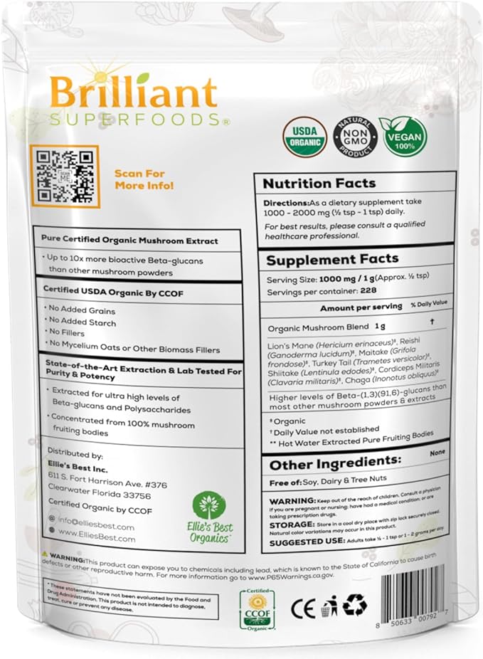 Ellie's Best 7 Mushroom Powder Extract Organic Blend - Reishi Lion's Mane Chaga Turkey Tail Cordyceps Maitake &amp Shiitake - Double Extracted - Pure No Fillers - 8oz / 228 1g Servings……