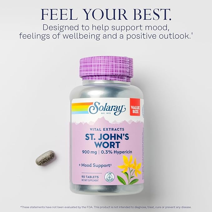SOLARAY St. Johns Wort Aerial Extract One Daily 900mg | Standardized w/ 0.3% Hypericin for Mood Stability | Non-GMO | 90 Servings | 90 Tablets (Pack of 2)