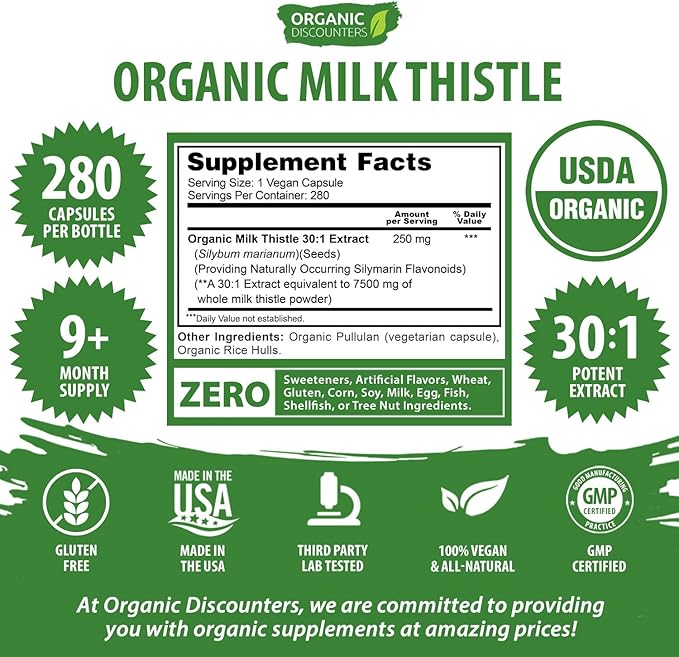 Milk Thistle Capsules 280 Count 7500 mg Strength Potent 30:1 Extract USDA Certified Organic Rich in Silymarin Flavonoids Vegan Non-GMO and All-Natural