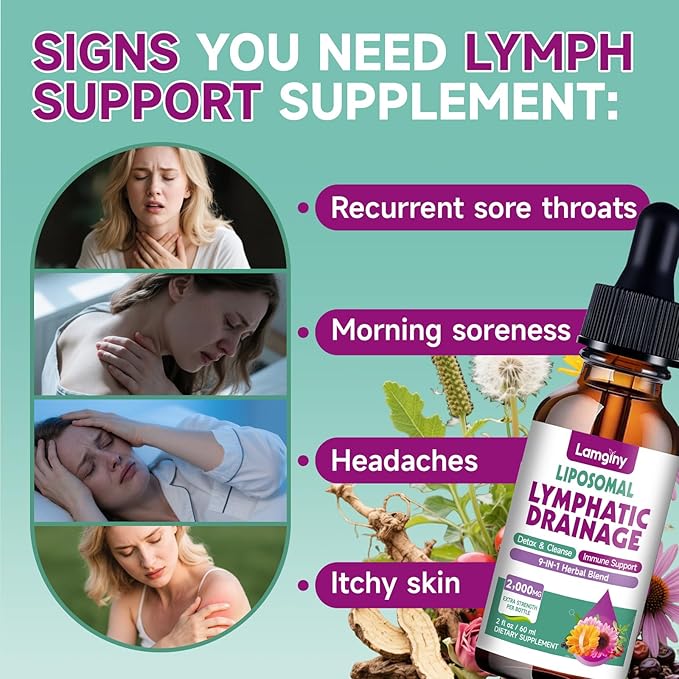 Liposomal Lymphatic Drainage Drops 9-In-1 Lymphatic Drainage Supplements for Detox &amp Cleanse with Echinacea Dandelion Elderberry Burdock Root &amp Cleavers Immune &amp Lymph System Support