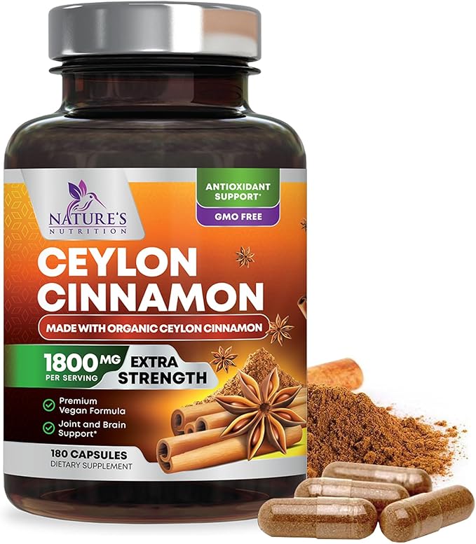 Organic Ceylon Cinnamon 1800mg Per Serving - Extra Strength Certified Organic Ceylon Cinnamon Powder Pills Supplement - Energy &amp Heart Support Antioxidant for Women &amp Men Bottled USA - 180 Ca