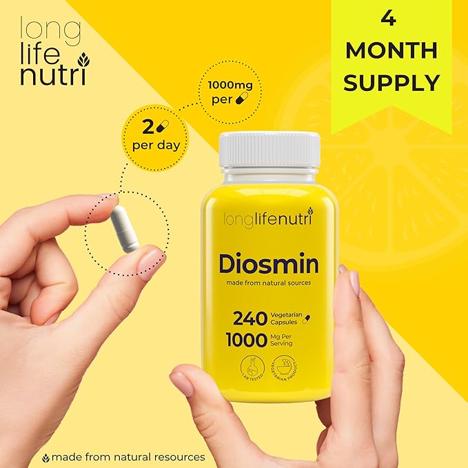 Diosmin 1000mg Advanced Formula - 240 Capsules for Circulatory Health Support 4-Month Supply Non-GMO Made in USA - Daily Wellness Supplement