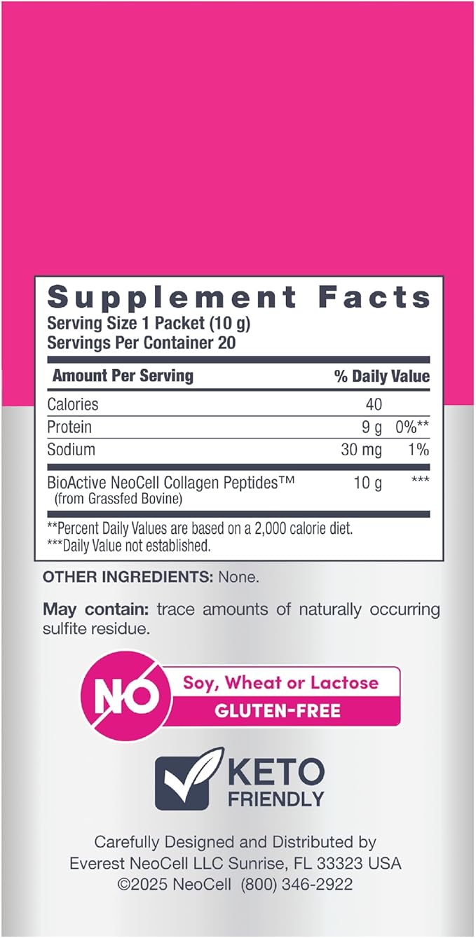 NeoCell Collagen Peptides Powder Packets | 20 Stick Packs | Grass Fed Bovine | Unflavored Supplement | Hair Skin &amp Nails | for Women and Men