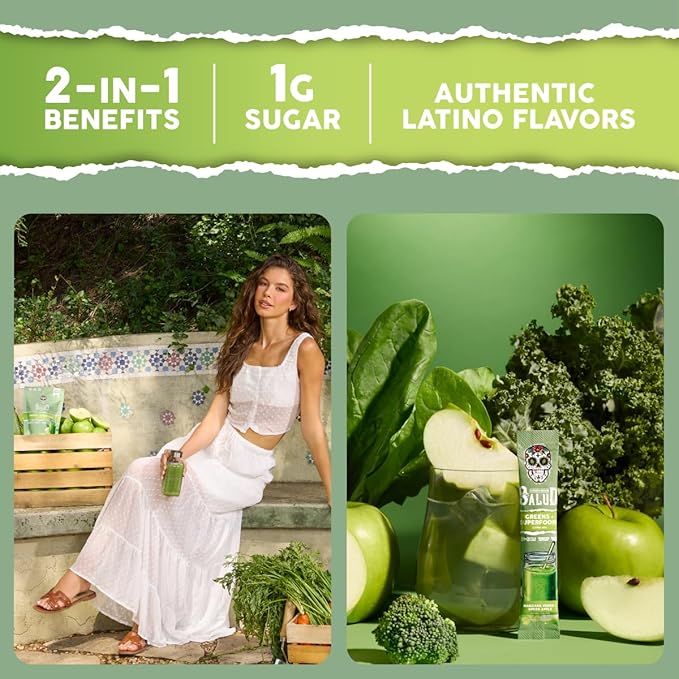 Salud 2-in-1 Greens Powder + Superfood Drink Mix Packets 20+ Fruits and Veggies Probiotics Prebiotics Supports Digestive Health Bloating Relief Vegan Green Apple (15 Servings)