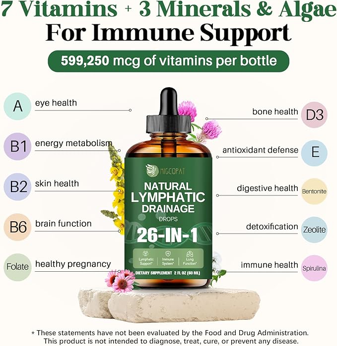 26-in-1 Liposomal Lymphatic Drainage Drops Echinacea Turmeric Elderberry Dandelion Vitamins and Mullein Drops for Lungs Lymphatic Immune Support Liver Cleanse Detox &amp Repair 4 fl oz