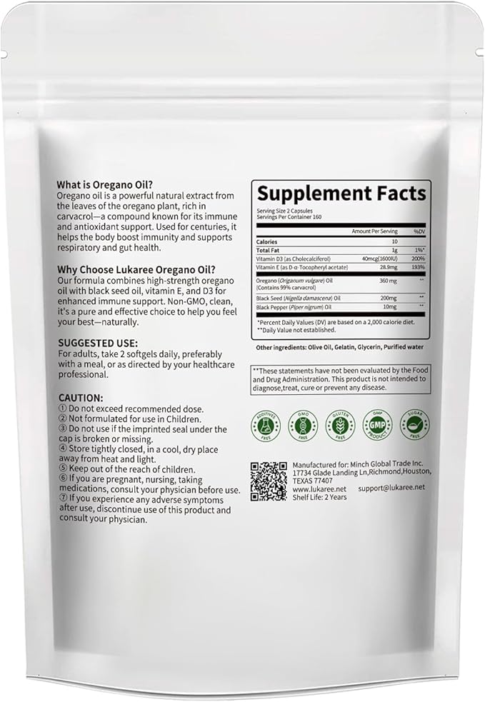 5-IN-1 Oil of Oregano with Black Seed Oil 99% Carvacrol | Thymoquinone 320 Count Organic Oregano Oil Capsules  Vitamin D3/E/Black Pepper for Absorption Supports Immune/Gut/Respiratory Non-GMO