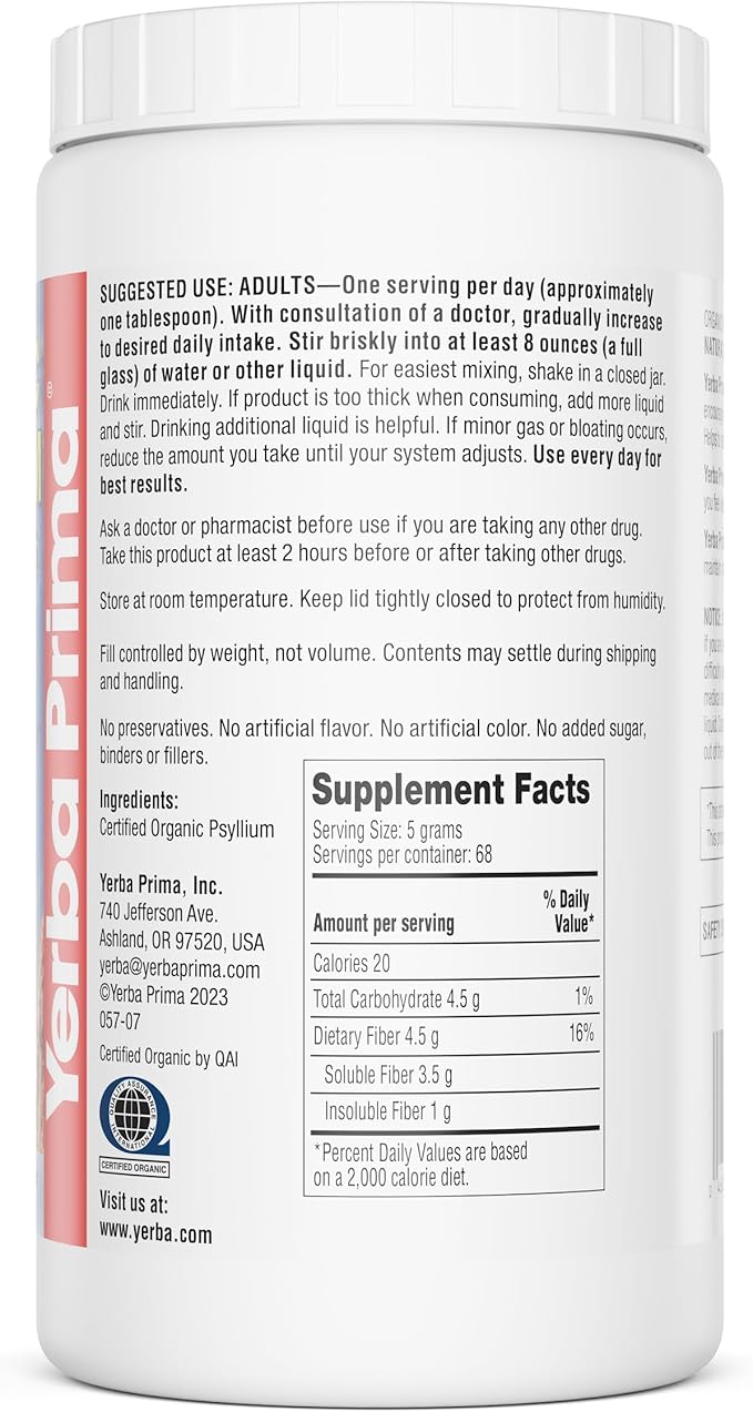 Yerba Prima Organic Psyllium Whole Husks 12 Ounce Fiber Supplement Non GMO Certified Organic