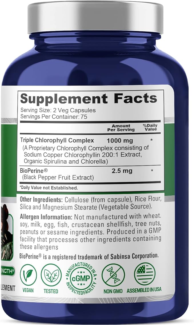 NusaPure High Absorption Triple Chlorophyll 1000 mg 150 Veg Caps Suitable for Vegetarians and Vegans Non-GMO