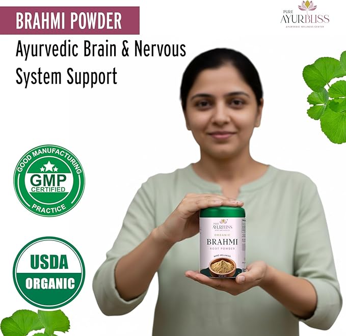 100% Organic Brahmi Powder Ayurvedic Bacopa Monnieri for Memory Focus and Nervous System Care Nootropic Brain Support Blend for Cognitive Wellness Gut Balance - 8oz Tin Box