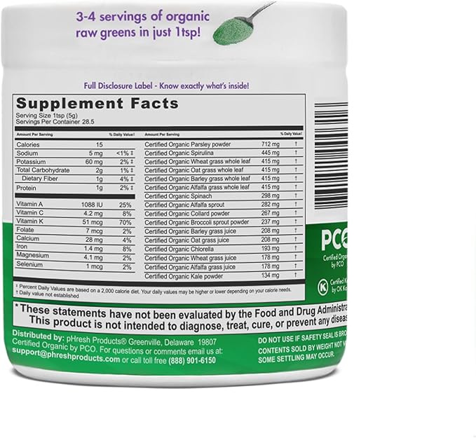 pHresh Greens Raw Alkalizing Superfood Greens Powder - 1 Month Supply | Gluten-Free | Natural Enzymes | Raw Nutrients | Approved for Intermittent Fasting and Keto Diets | 5 Ounces
