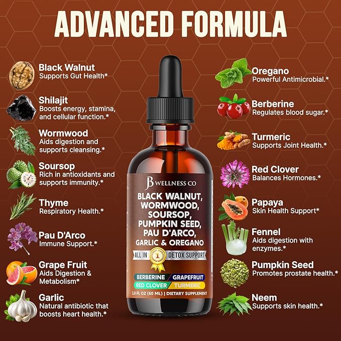 Wormwood Black Walnut Cleanse for Humans Drops Liquid Soursop Garlic Pumpkin Seed PAU D'Arco Oil of Oregano Turmeric Berberine Neem Extract Hull Bark Tincture - 4 oz