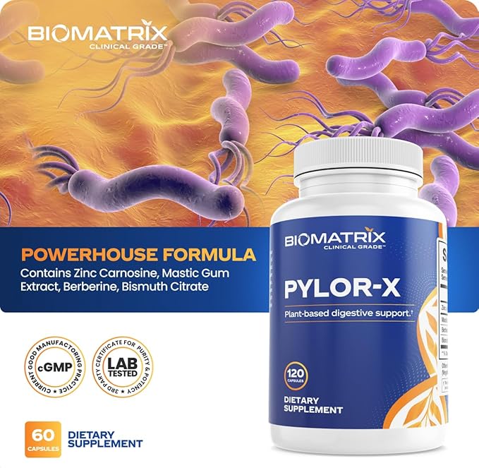 BioMatrix Pylor-X Gut Health Supplement – Mastic Gum Berberine Zinc Carnosine &amp Bismuth Salts for Gastric Support Digestive Comfort Stomach Lining Protection - (120 Capsules) 30-60 Day Supply