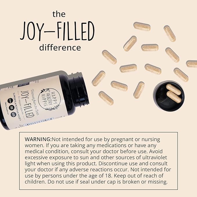 Joy-Filled Mood Support Supplement - 7 Herb Complex + St. Johns Wort | Stress Relief – Helps Calm The Mind &amp Body | 100% Plant-Based Happy Pills Ashwagandha Rhodiola Rosea | Adaptogens 60 Ct