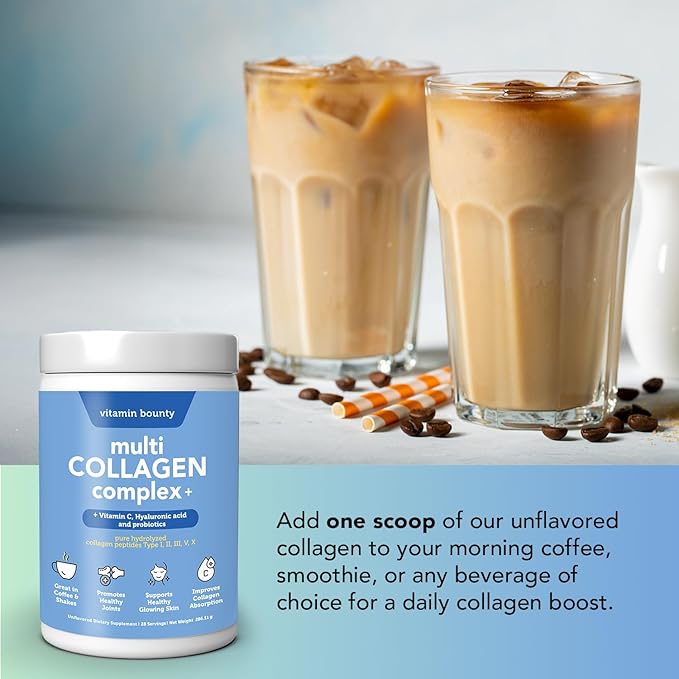Vitamin Bounty Multi Collagen Peptides Powder for Men &amp Women (Complex Plus) - 5 Types Hydrolyzed Collagen Protein - Probiotics Vitamin C &amp Hyaluronic Acid - Grass Fed Bovine Supplements 28