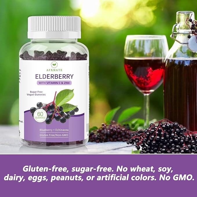AFXMATE Sambucus Black Elderberry Gummies with Zinc and Vitamin C for Adults Kids Immune Support Sugar Free Elderberry 120 Counts
