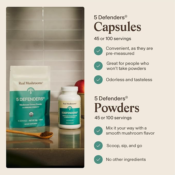 Real Mushrooms 5 Defenders Mushroom Complex Powder – Organic Mushrooms Extract from Chaga Reishi Turkey Tail Maitake &amp Shiitake Mushroom Blend for Wellness Support with Beta Glucans - 100 Servi
