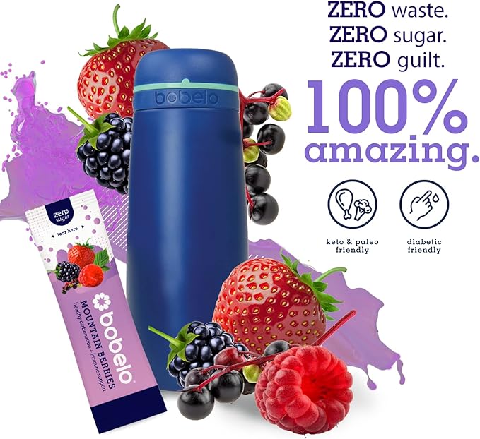 Bobelo Self Carbonating Hydration Packets | Low Calorie Drink Mix Electrolytes Powder Packets | Keto Friendly Sugar Free Water Enhancer | Soda &amp Sparkling Water Alternative | Mountain Berries(30
