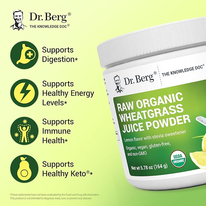 Dr. Berg USDA Certified Organic Green Powder Superfood (60 Servings) - Made with Raw Wheatgrass Chlorophyll Trace Minerals &amp Natural Enzymes - Non-GMO Green Superfood Powder - Lemon Flavor