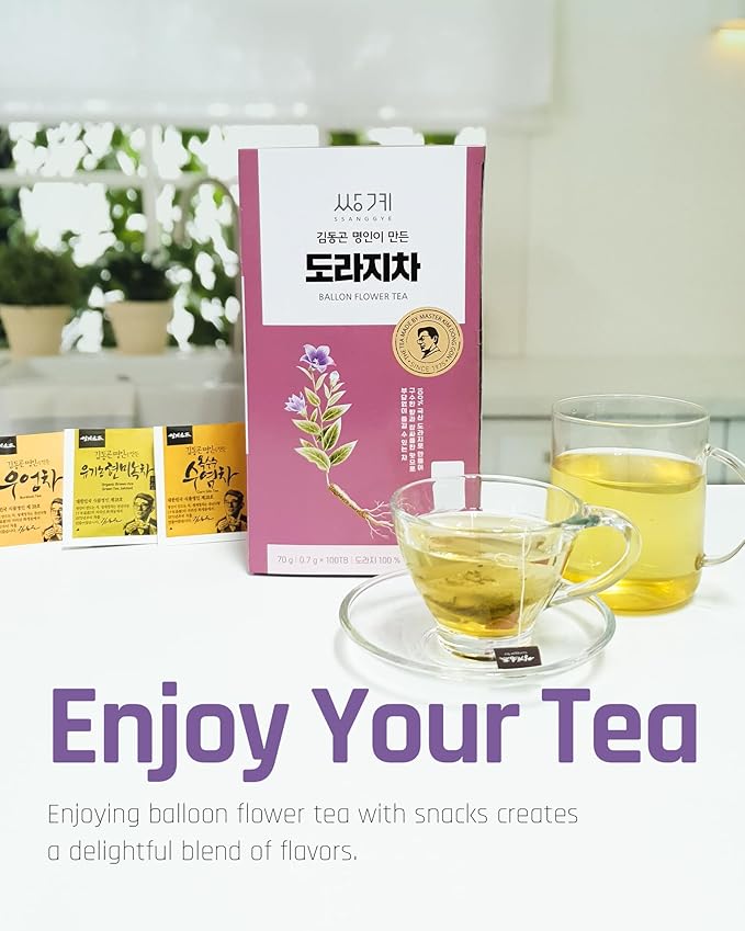 Ssanggye Bellflower Tea Bulk Size 0.7g x 100 Tea Bags Premium Korean Herbal Tea Hygienic Single Teabag Balloon Flower Doraji 도라지차 Caffeine Free Herb Refreshing Tea Made in Korea