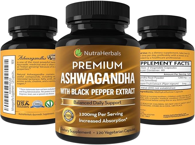 Ashwagandha Supplement Made with Premium Ashwaganda Root Powder 1200mg with Black Pepper Extract for Increased Absorption - 120 Vegi Capsules