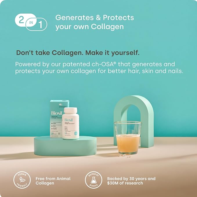 Biosil Collagen Booster Supplement - 60 Vegan Capsules - Patented ch-OSA Activator for Skin Hair Nails &amp Joints - Supports Natural Production - 30-Day Supply