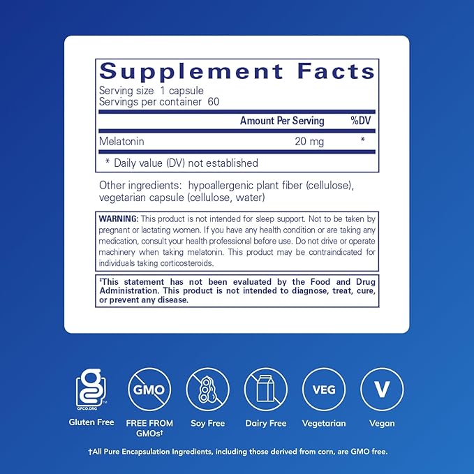 Pure Encapsulations Melatonin 20 mg - Not Intended for Sleep Support - for Immune System &amp Healthy Cells - 99.5% Purity Melatonin - Gluten Free &amp Non-GMO - 60 Capsules